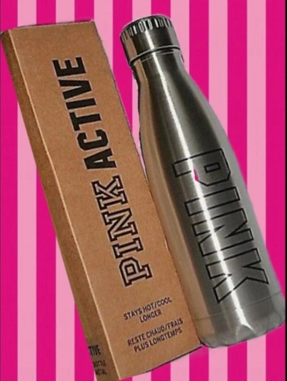★NIB★Victoria's Secret PINK LOGO Metal Twist Cap Silver Water Bottle 17 oz